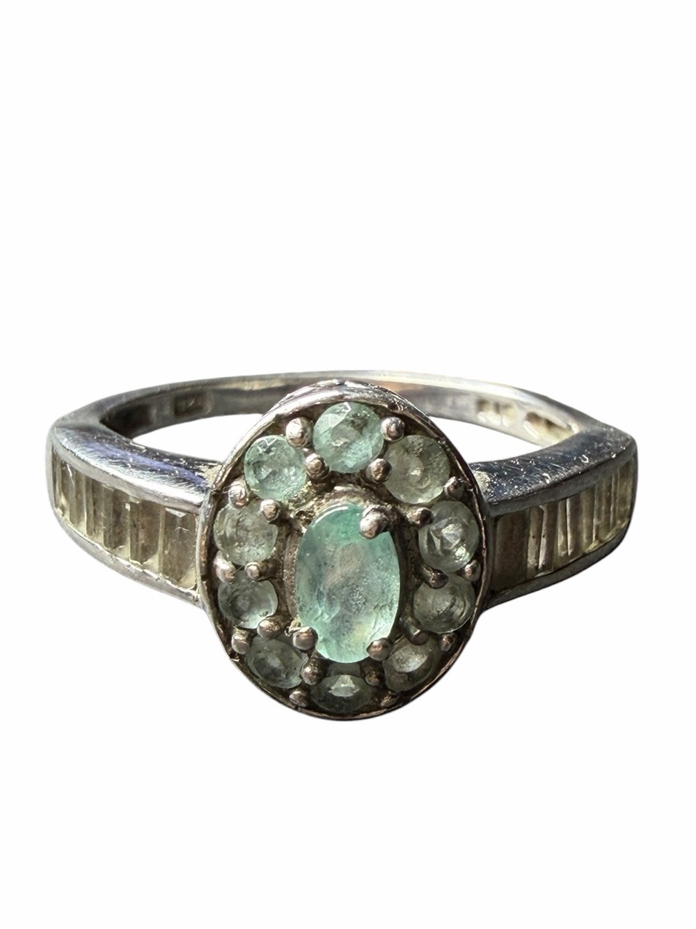 Sterling Silver Cluster Ring Pale Green Oval Center & Halo size 9 Signed BTS 925